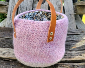 Crochet Felted Project Bag Pink/Light Beige