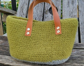 Crochet Felted Project Bag Olive Green / Grey