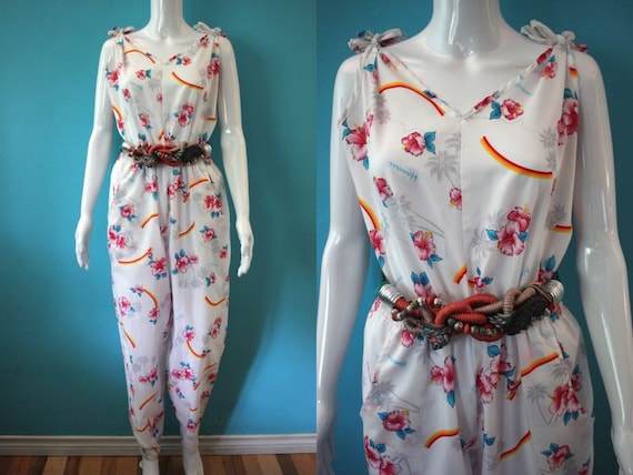 Yacht Rock Jumpsuit 80's Hawaiian Print Poly Jum