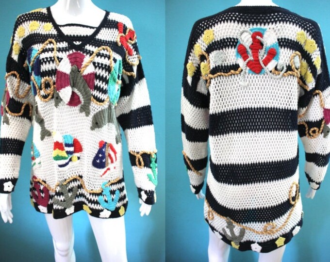 Yacht Rock Sweater 1980's Knit Mesh Nautical Theme Etsy