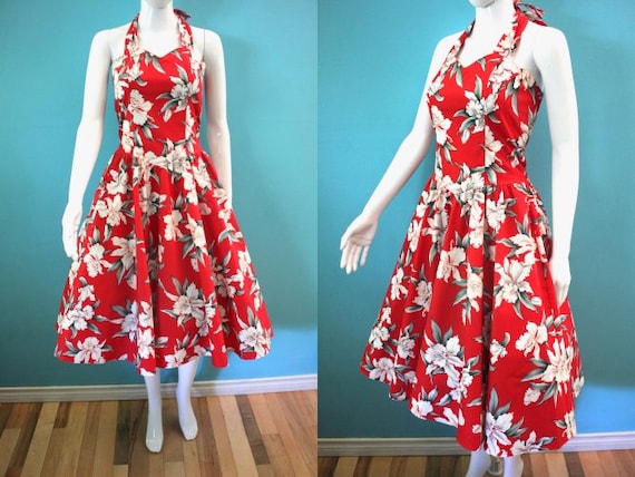 Yacht Rock Dress 1980's Red Orchid Print Halter Dr