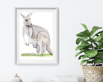 Eastern Grey Kangaroo Mum and baby Joey, Archival Fine Art print, watercolour painting, Australian animal gifts, artwork for nursery decor,