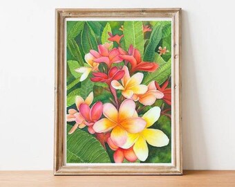Frangipani print, Plumeria art, Tropical painting, Hawaii art, Tropical Flower Art Print Colourful painting Floral Hawaiian Painting