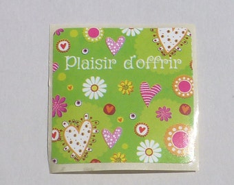 20 STICKERS PLAISIR D OFFRIR, sticker carré 35X35 mm fleurs multicolores fond vert,étiquettes plaisir d'offrir étiquettes thème printemps