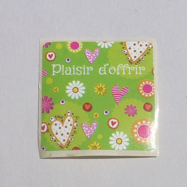 20 STICKERS PLAISIR D OFFRIR, sticker carré 35X35 mm fleurs multicolores fond vert,étiquettes plaisir d'offrir étiquettes thème printemps