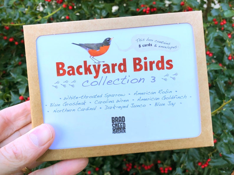 May include: A boxed set of Backyard Birds Collection 3 cards and envelopes. The design features a red and orange American Robin illustration and the text "Backyard Birds Collection 3". Includes 8 cards and envelopes.