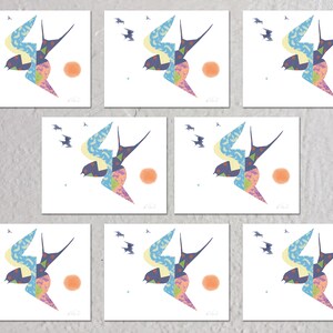 Blank Note Card Set, Swallow Swoop Collage Art
