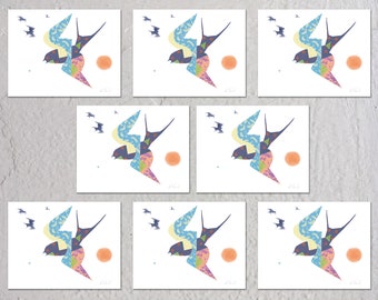 Blank Note Card Set, Swallow Swoop Collage Art