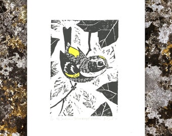 Yellow-rumped Warbler on Branch/Original Linocut Print/Bird Wall Art Block Print