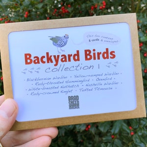 May include: A card set titled "Backyard Birds Collection 1" featuring a bird illustration and a list of bird species. The set includes 8 cards and envelopes. The card set is held in a brown cardboard holder.