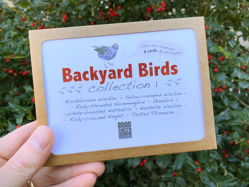 May include: A card set titled "Backyard Birds Collection 1" featuring a bird illustration and a list of bird species. The set includes 8 cards and envelopes. The card set is held in a brown cardboard holder.