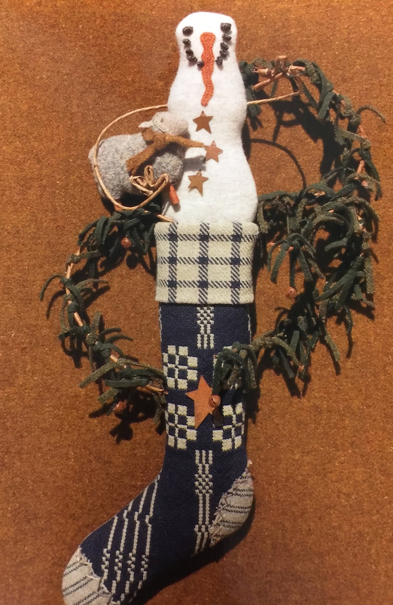 sheep snowman KIT Flake and Wooley 3D design in wool and flannel Stocking and garland!