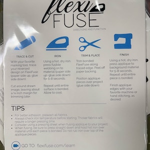 May include: A package of FlexiFuse sheets, 8" x 10.5", for fabric fusing. The packaging includes instructions for tracing, cutting, ironing, trimming, and finishing. The brand name, FlexiFuse, is displayed prominently, along with the Laser Cut Quilts logo.