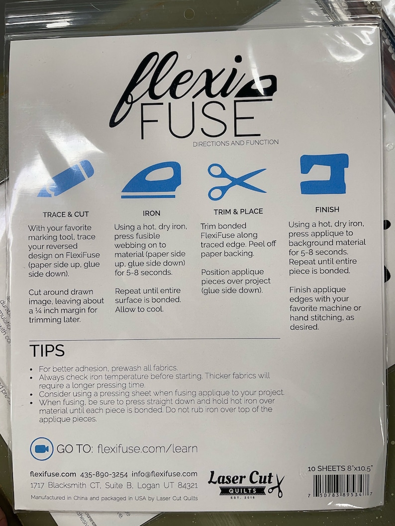May include: A package of FlexiFuse sheets, 8" x 10.5", for fabric fusing. The packaging includes instructions for tracing, cutting, ironing, trimming, and finishing. The brand name, FlexiFuse, is displayed prominently, along with the Laser Cut Quilts logo.