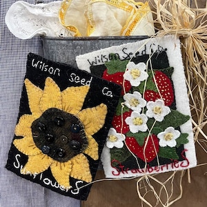 Nur Muster! Erdbeeren und Sonnenblumen Samenpäckchen Wollapplikation