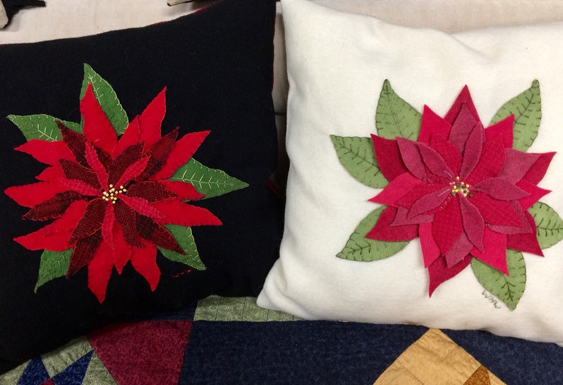 Pretty in Pink poinsettia pillow wool appliqu\u00e9 Pattern only