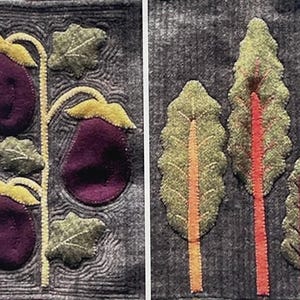 May include: Two fabric panels with embroidered designs. One features three purple eggplants with yellow accents and green leaves on a yellow stem. The other panel shows three stylized trees with green leaves and orange and red stems, all on a gray background.