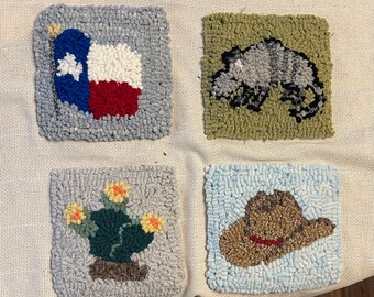 Texas rug hooked coasters, rug hooking pattern drawn on monks cloth or primitive linen.