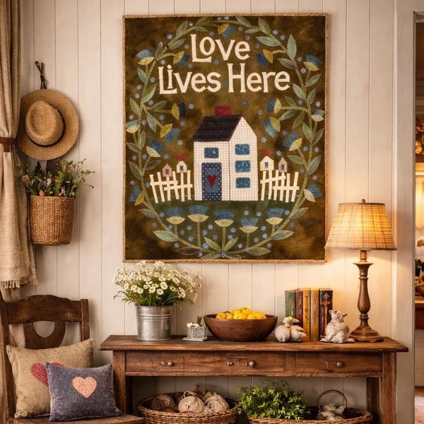 Kit de apliques de lana "El amor vive aquí". Incluye patrón de fondo a cuadros.