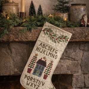Colonial Sampler Stocking wool appliqué kit includes pattern