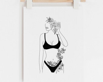 Botanical Woman Line Art Print, Line Art Print, Line Art Woman, Line Art Printable, Flower Line Art, Minimalist Wall Art, Minimalist Art