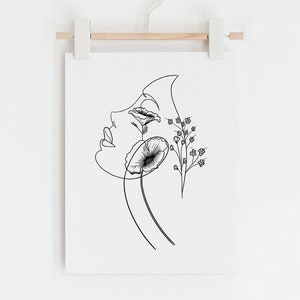 Head Of Flowers Art Print, Line Art Woman With Flowers, Flower Woman Line Art, Woman With Flowers Wall Art Minimal Line Drawing Woman, Woman