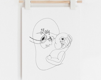 Art mère et enfant, pépinière botanique, dessin au trait mère et enfant, maman et bébé Art, fleur pépinière Art, décor de pépinière botanique, Mama Art