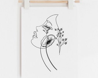 Head Of Flowers Art Print, Line Art Woman With Flowers, Flower Woman Line Art, Woman With Flowers Wall Art Minimal Line Drawing Woman, Woman