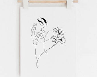 Woman Line Art, Head Of Flowers Art Print, Flower Woman Line Art, Woman With Flowers Wall Art Minimal Line Drawing Woman, Woman with Flowers