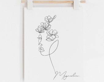 Head Of Flowers Art Print, Line Art Woman With Flowers, Flower Woman Line Art, Woman With Flowers Wall Art Minimal Line Drawing Woman, Woman