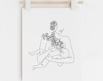 Flower Breastfeeding Print, Breastfeeding Art, Mothers Day Art, Breastfeeding Line Art, Line Art, Mother and Baby, Baby Print, Nursery Decor
