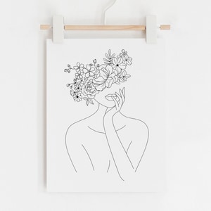 Head Of Flowers Art Print, Line Art Woman With Flowers, Flower Woman Line Art, Woman With Flowers Wall Art Minimal Line Drawing Woman, Woman