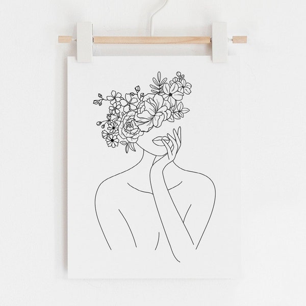 Head Of Flowers Art Print, Line Art Woman With Flowers, Flower Woman Line Art, Woman With Flowers Wall Art Minimal Line Drawing Woman, Woman