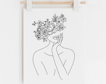 Head Of Flowers Art Print, Line Art Woman With Flowers, Flower Woman Line Art, Woman With Flowers Wall Art Minimal Line Drawing Woman, Woman