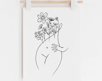 Botanical Woman Line Art Print, Line Art Print, Line Art Woman, Line Art Printable, Flower Line Art, Minimalist Wall Art, Minimalist Art
