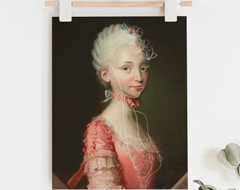 Altered Vintage Print Portrait of Lady Eclectic Maximal Wall Art Female Surreal Rococo Baroque Decor Feminine Oil Painting Female Line Art