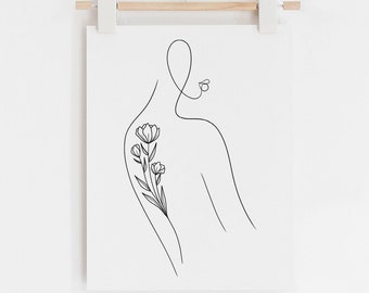 Botanical Woman Line Art Print, Line Art Print, Line Art Woman, Line Art Printable, Flower Line Art, Minimalist Wall Art, Minimalist Art