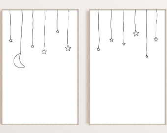 Set Sterne und Mond Prints, Neutraler Kinderzimmer Druck, Sterne Kinderzimmer Dekor, Sterne Kinderzimmer Wandkunst, Mond Kinderzimmer Wandkunst, Neutrales Kinderzimmer Dekor
