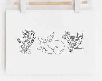 May include: A black and white line drawing of a sleeping cat with wings, surrounded by flowers. The image is on a white background.