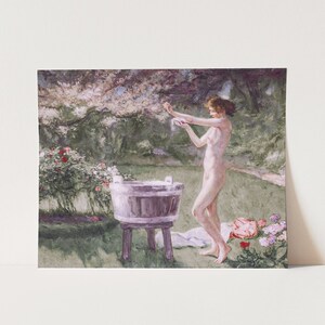 A vintage painting with pinks and green hues of a woman bathing in a meadow.