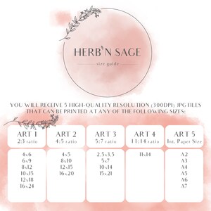 Peut inclure: Un tableau avec un fond aquarelle rose montrant diff&eacute;rentes tailles et proportions d'impressions d'art. Le tableau est intitul&eacute; "Herb'n Sage - guide des tailles". Le tableau comprend les tailles suivantes&nbsp;: 4x6, 6x9, 8x12, 10x15, 12x18, 16x24, 4x5, 8x10, 12x15, 16x20, 2,5x3,5, 5x7, 10x14, 15x21, 11x14, A2, A3, A4, A5, A6, A7.