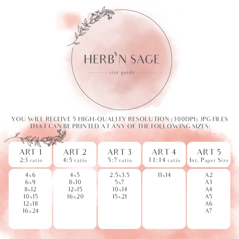 Peut inclure: Un tableau avec un fond aquarelle rose montrant diff&eacute;rentes tailles et proportions d'impressions d'art. Le tableau est intitul&eacute; "Herb'n Sage - guide des tailles". Le tableau comprend les tailles suivantes&nbsp;: 4x6, 6x9, 8x12, 10x15, 12x18, 16x24, 4x5, 8x10, 12x15, 16x20, 2,5x3,5, 5x7, 10x14, 15x21, 11x14, A2, A3, A4, A5, A6, A7.