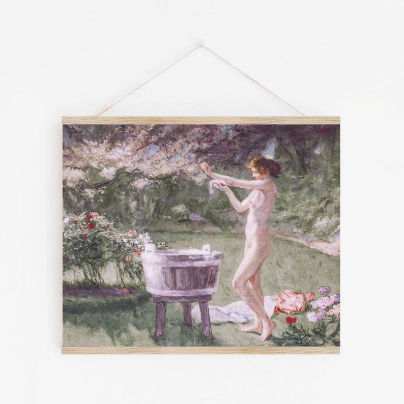 A vintage painting with pinks and green hues of a woman bathing in a meadow.