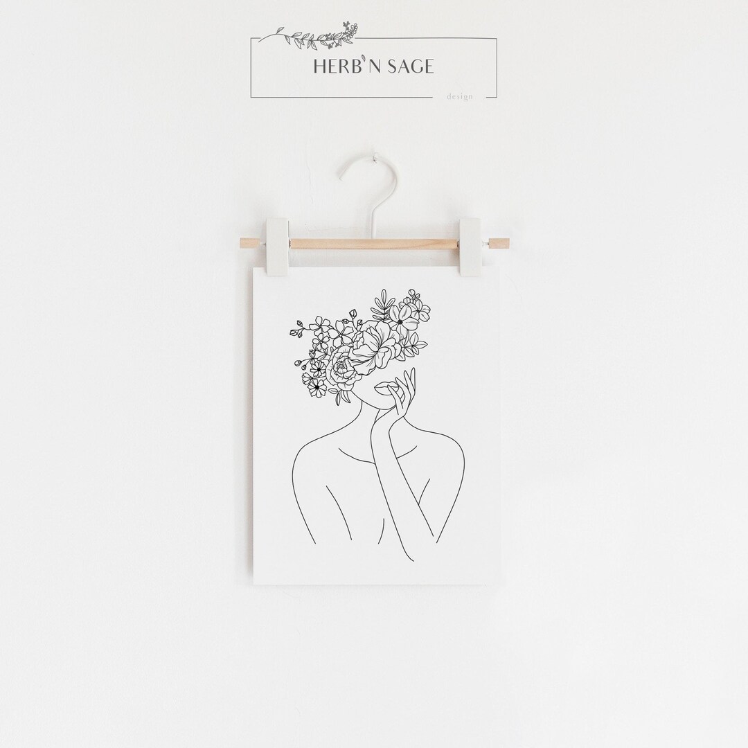 Head of Flowers Art Print, Line Art Woman With Flowers, Flower Woman