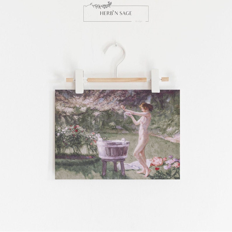 A vintage painting with pinks and green hues of a woman bathing in a meadow.