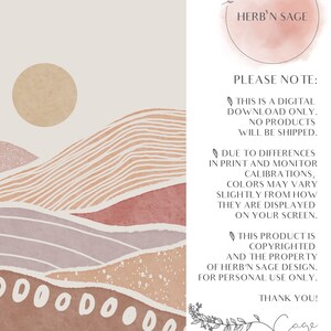 Peut inclure: T&eacute;l&eacute;chargement num&eacute;rique d'une illustration de paysage abstrait avec un soleil, des collines et un motif r&eacute;p&eacute;titif de cercles. L'illustration est dans des tons de rose, brun et beige. Le texte "HERB'N SAGE" est dans un cercle en haut &agrave; droite de l'image. Le texte "PLEASE NOTE: THIS IS A DIGITAL DOWNLOAD ONLY. NO PRODUCTS WILL BE SHIPPED. DUE TO DIFFERENCES IN PRINT AND MONITOR CALIBRATIONS, COLORS MAY VARY SLIGHTLY FROM HOW THEY ARE DISPLAYED ON YOUR SCREEN. THIS PRODUCT IS COPYRIGHTED AND THE PROPERTY OF HERB'N SAGE DESIGN. FOR PERSONAL USE ONLY. THANK YOU! Gage" est sur le c&ocirc;t&eacute; droit de l'image.