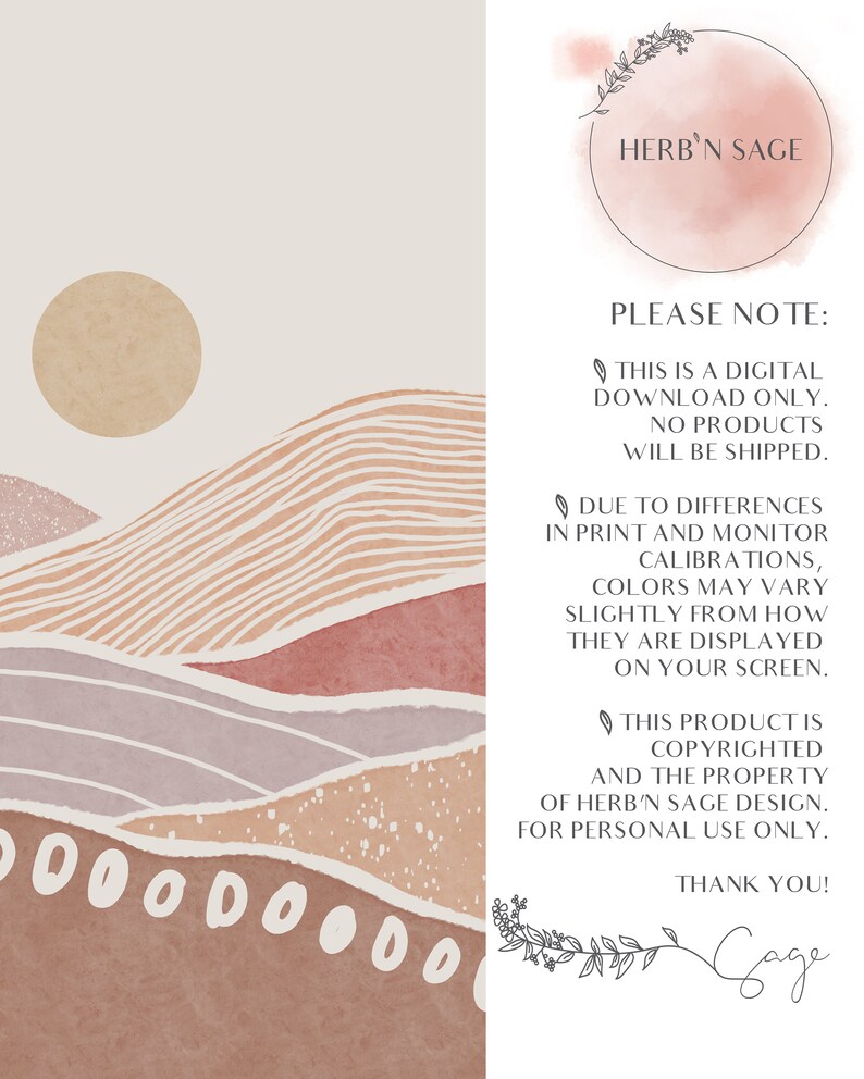 Peut inclure: T&eacute;l&eacute;chargement num&eacute;rique d'une illustration de paysage abstrait avec un soleil, des collines et un motif r&eacute;p&eacute;titif de cercles. L'illustration est dans des tons de rose, brun et beige. Le texte "HERB'N SAGE" est dans un cercle en haut &agrave; droite de l'image. Le texte "PLEASE NOTE: THIS IS A DIGITAL DOWNLOAD ONLY. NO PRODUCTS WILL BE SHIPPED. DUE TO DIFFERENCES IN PRINT AND MONITOR CALIBRATIONS, COLORS MAY VARY SLIGHTLY FROM HOW THEY ARE DISPLAYED ON YOUR SCREEN. THIS PRODUCT IS COPYRIGHTED AND THE PROPERTY OF HERB'N SAGE DESIGN. FOR PERSONAL USE ONLY. THANK YOU! Gage" est sur le c&ocirc;t&eacute; droit de l'image.