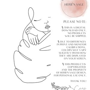 May include: A minimalist line art illustration of a baby's face and arms, rendered in black on a white background. The image includes the text "HERB'N SAGE" and a disclaimer about digital downloads.
