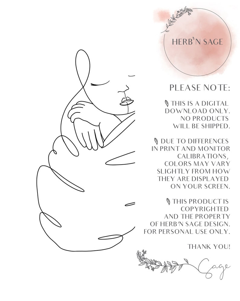 May include: A minimalist line art illustration of a baby's face and arms, rendered in black on a white background. The image includes the text "HERB'N SAGE" and a disclaimer about digital downloads.
