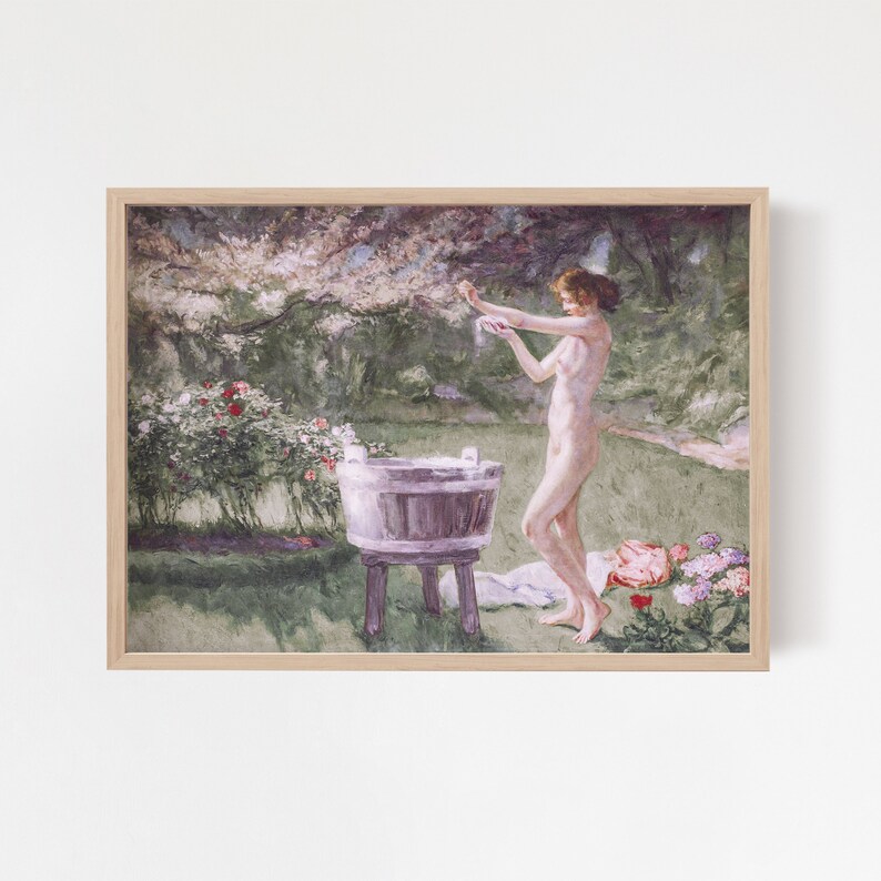 A vintage painting with pinks and green hues of a woman bathing in a meadow.